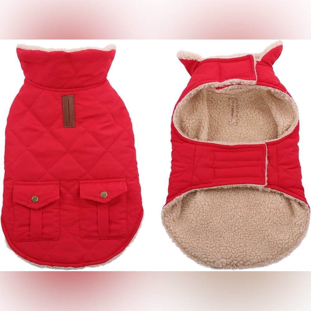 Queenmore Red Faux Quilted Shearling Winter Jacket Dog Coat with Pockets Small